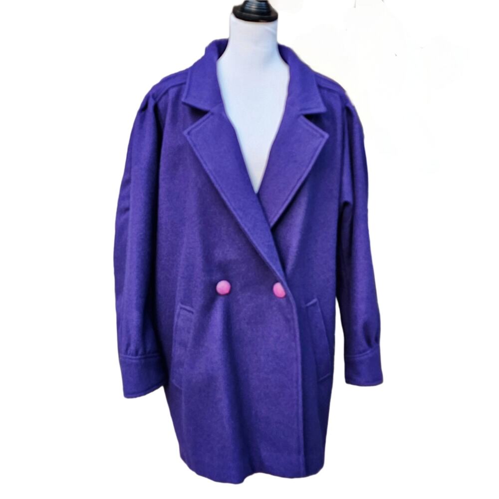Purple Pea Coat Wool Blend Double Breast Jacket Pockets Vintage USA Size 16